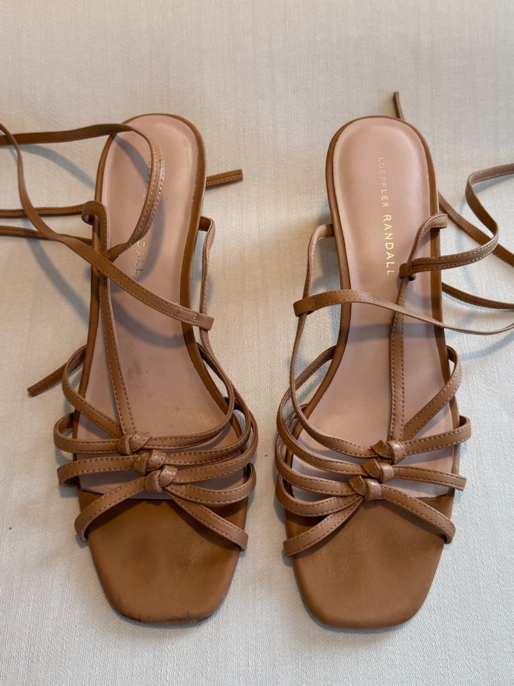 Loeffler Randall Tan Leather Strappy Lace-Up Sandals with Block Kitten Heel